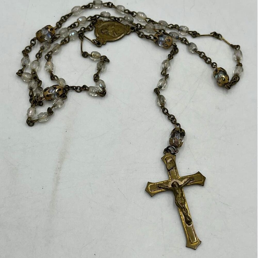 Vintage Brass Faceted Clear Glass Beads Crucifix Catholic Rosaryโ Necklace